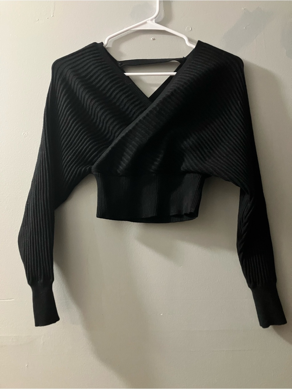 Black Ribbed Cropped Wrap Sweater
